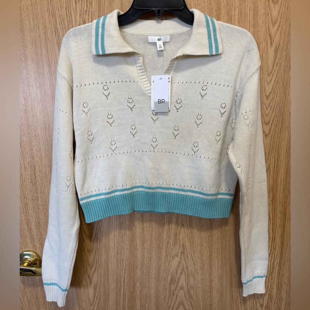 BP Ivory Dove and Teal Knit Sweater